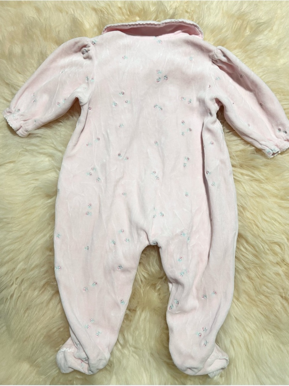 Vintage Minibasix Soft Pink Floral Baby One-Piece Footed Jumpsuit embroidered - Picture 4 of 4